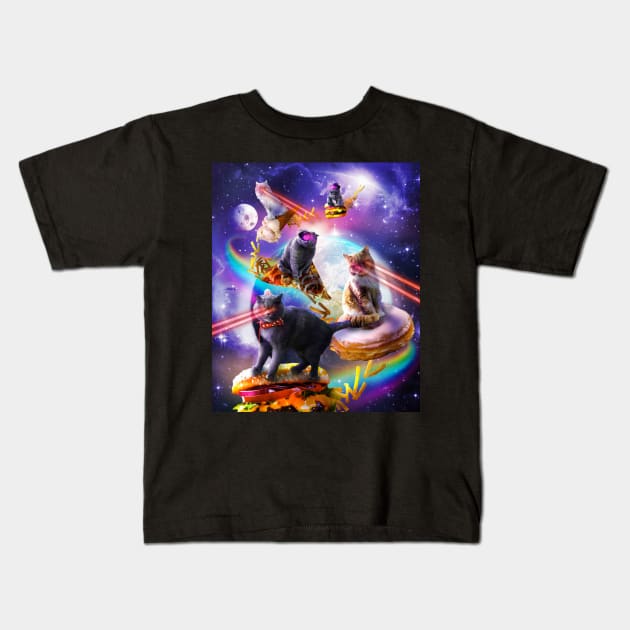 Galaxy Laser Space Cat On Burger Pizza Donut Ice Cream Kids T-Shirt by Random Galaxy